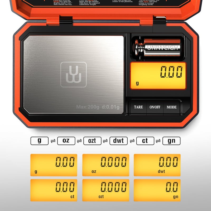 UNIWEIGH Digital Pocket Scale 200g/0.01g, Digital Scale Grams,6 Units Conversion Jewelry Scales,Coins Scale with LCD Display,Tare Function for Food,Powder,Small Items(Battery Included)-Orange - Image 2